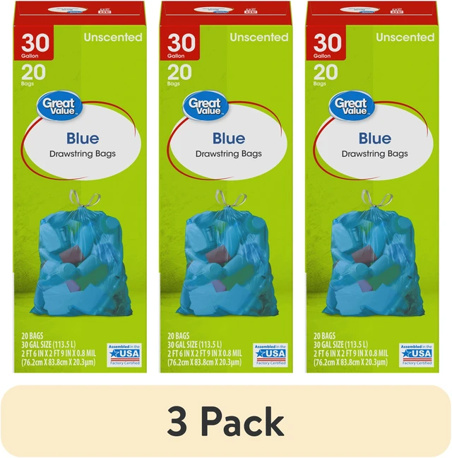 Main image of Great Value 30-Gallon Drawstring Large Bags, Unscented, Blue, 3 Pack, 20 Bags