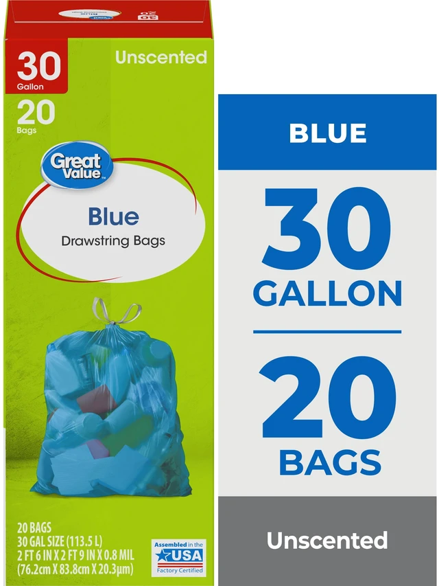 Alt view image 2 of 6 - Great Value 30-Gallon Drawstring Large Bags, Unscented, Blue, 3 Pack, 20 Bags