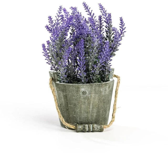 Main image of K-Cliffs Vintage Artificial Lavender Flowers Bouquet in Rustic Gray Wooden Metal Planter Pot, 6.7Dia x 8.3H inches, 5Dia x 4.3 inches