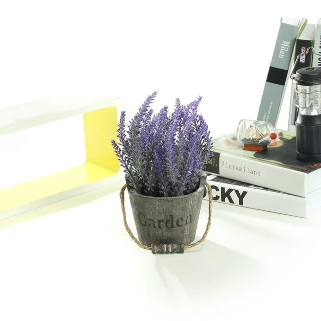 Alt view image 3 of 7 - K-Cliffs Vintage Artificial Lavender Flowers Bouquet in Rustic Gray Wooden Metal Planter Pot, 6.7Dia x 8.3H inches, 5Dia x 4.3 inches