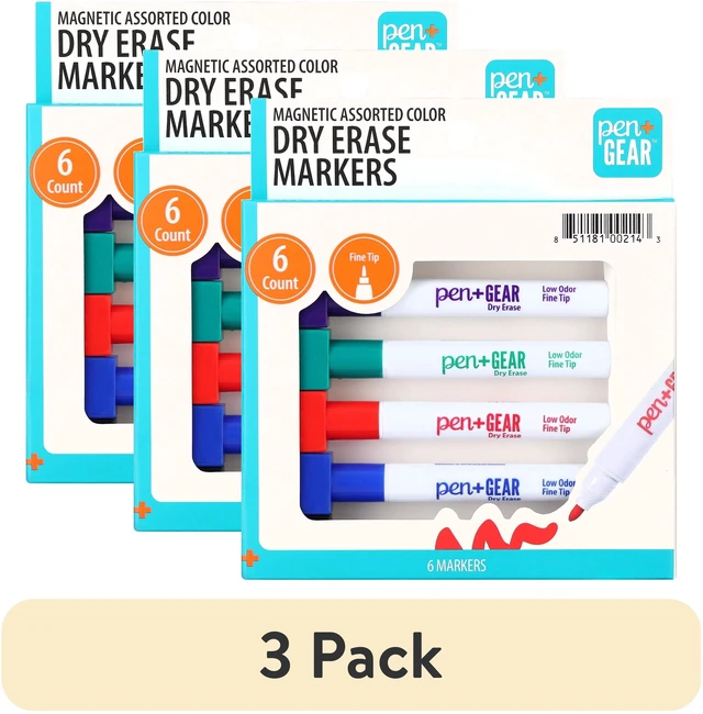 Main image of Pen+Gear Magnetic Dry Erase Markers, Fine Tip, Assorted Colors, 6 Count (3 Pack) with Eraser