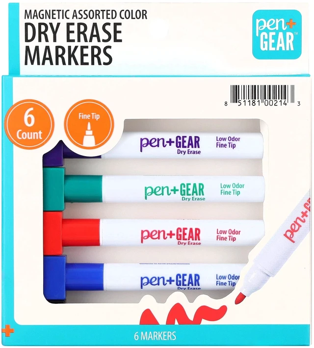 Alt view image 2 of 6 - Pen+Gear Magnetic Dry Erase Markers, Fine Tip, Assorted Colors, 6 Count (3 Pack) with Eraser