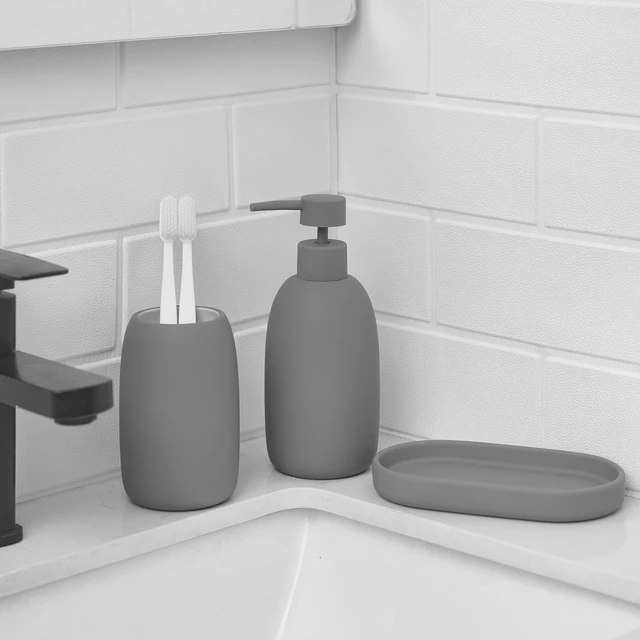Main image of Mainstays Ceramic Stoneware Bath Accessories 3-Piece Set, Grey, with Soap Pump Dispenser, Tumbler, and Accessory Tray