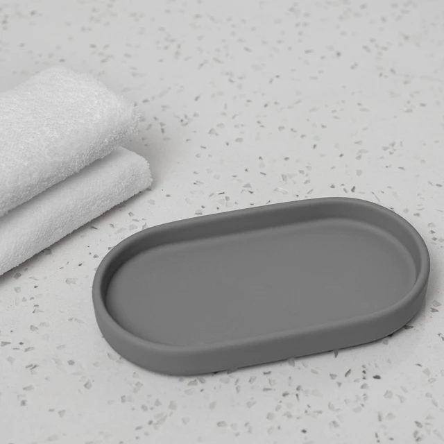 Alt view image 2 of 6 - Mainstays Ceramic Stoneware Bath Accessories 3-Piece Set, Grey, with Soap Pump Dispenser, Tumbler, and Accessory Tray