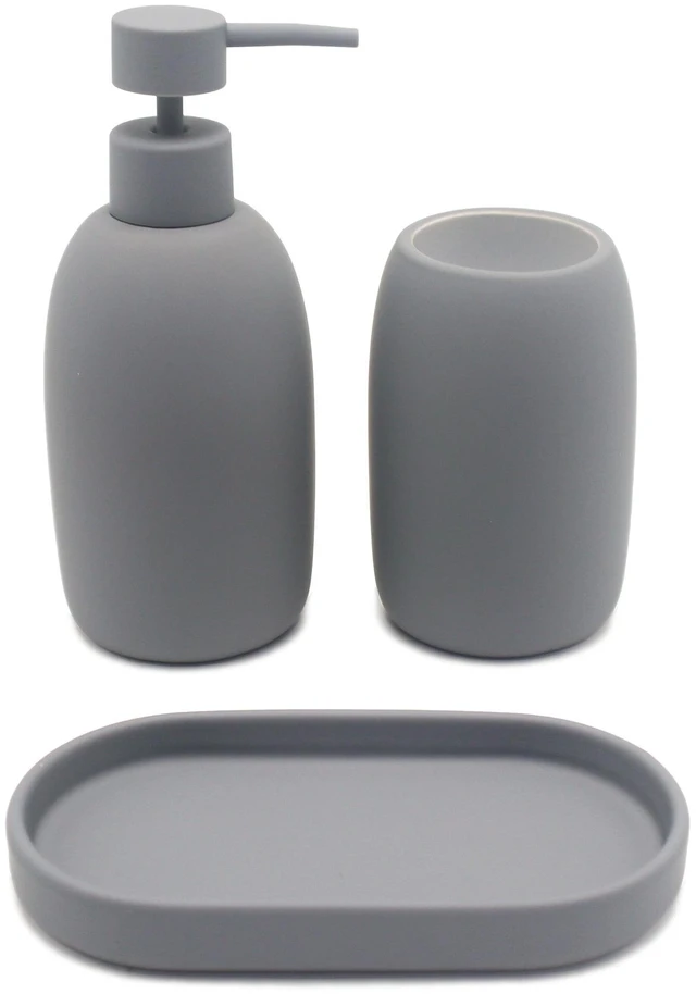 Alt view image 6 of 6 - Mainstays Ceramic Stoneware Bath Accessories 3-Piece Set, Grey, with Soap Pump Dispenser, Tumbler, and Accessory Tray