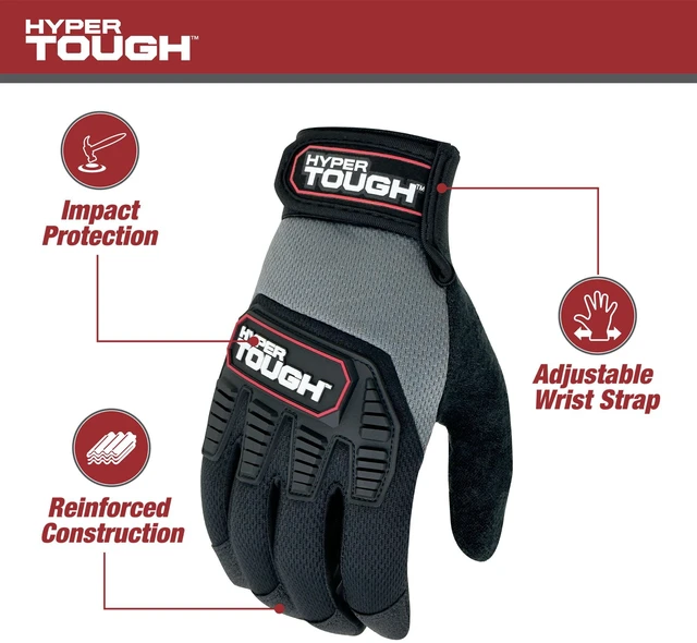 Alt view image 4 of 6 - Hyper Tough HT89056-23 Heavy Duty Impact Gloves, Medium, 1 Pair, Polyester, Black/Red/Gray, Adult Men's