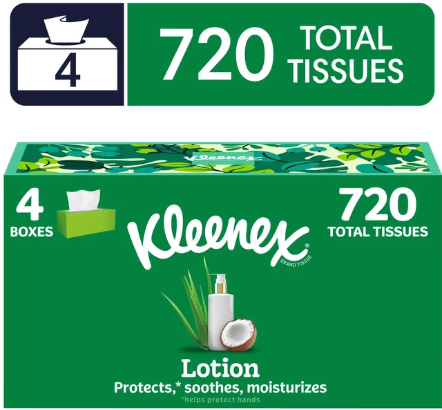 Main image of Kleenex Lotion with Coconut Oil 3-Ply Flat Box Facial Tissues 4 Pack (720 Total Tissues)