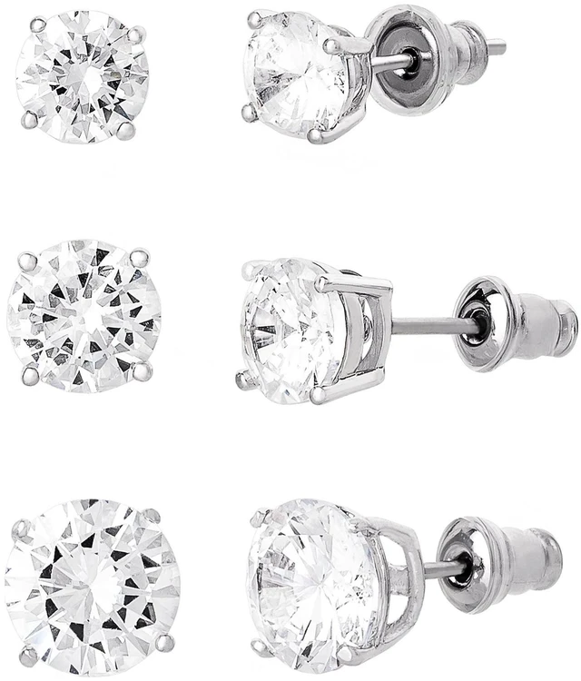Alt view image 5 of 5 - Believe by Brilliance Women's Fine Silver Plated Cubic Zirconia Round Stud Earrings, 3 Pack