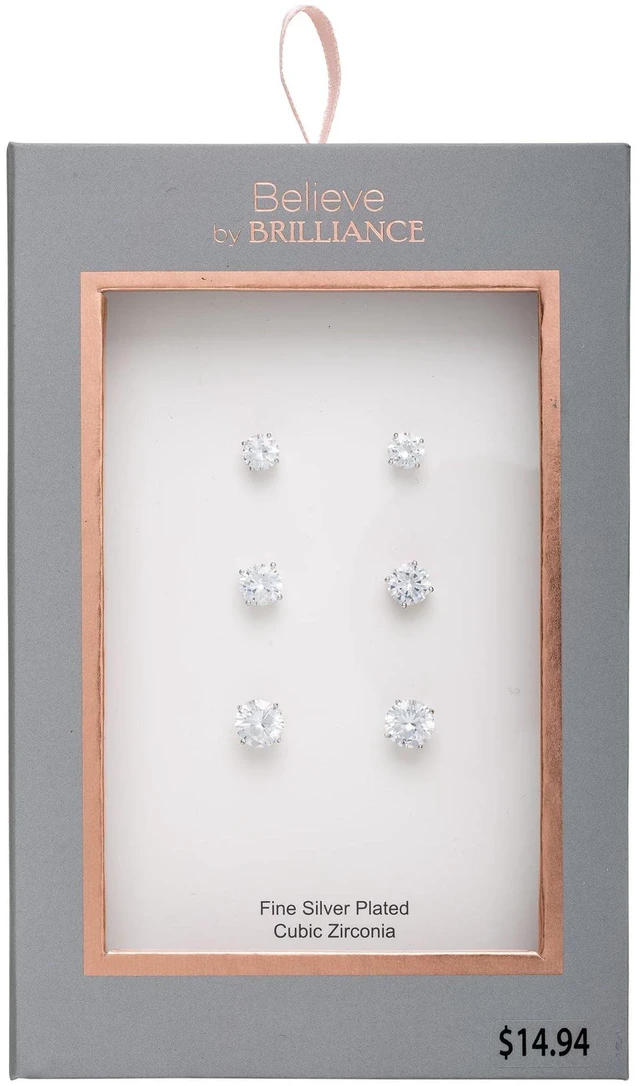 Alt view image 2 of 5 - Believe by Brilliance Women's Fine Silver Plated Cubic Zirconia Round Stud Earrings, 3 Pack