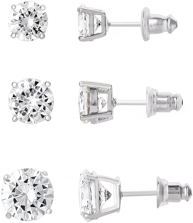 Alt view image 4 of 5 - Believe by Brilliance Women's Fine Silver Plated Cubic Zirconia Round Stud Earrings, 3 Pack