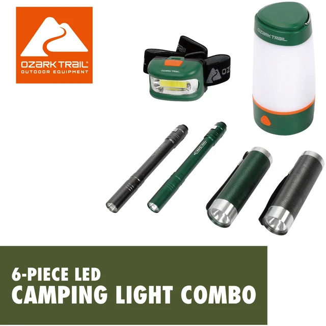 Main image of Ozark Trail 6-Piece LED Flashlight Kit with Lantern, Headlamp, and Penlight, Green