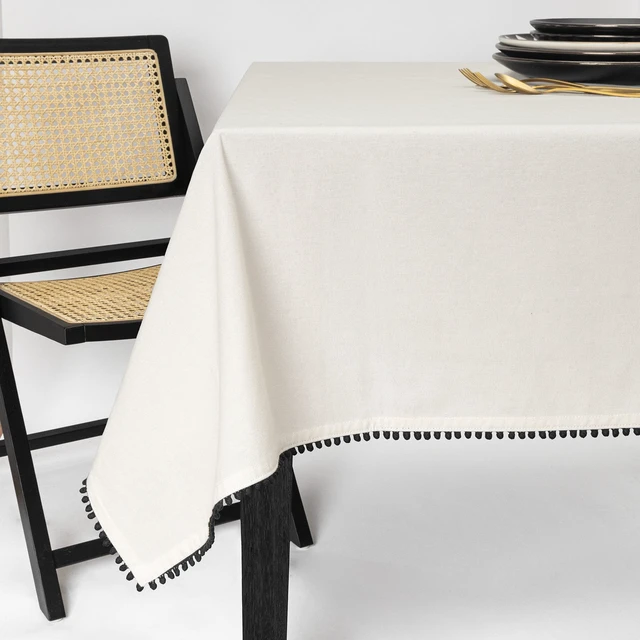 Alt view image 2 of 5 - 102" Rectangle Tablecloth Thyme & Table Ivory with Black Pom Pom Trim
