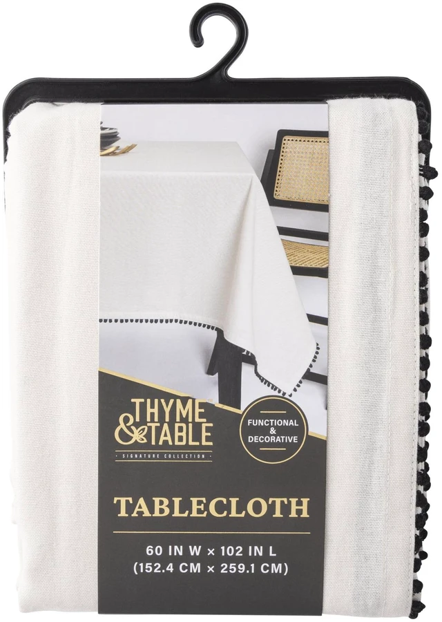 Alt view image 3 of 5 - 102" Rectangle Tablecloth Thyme & Table Ivory with Black Pom Pom Trim