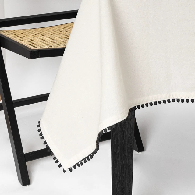 Alt view image 4 of 5 - 102" Rectangle Tablecloth Thyme & Table Ivory with Black Pom Pom Trim