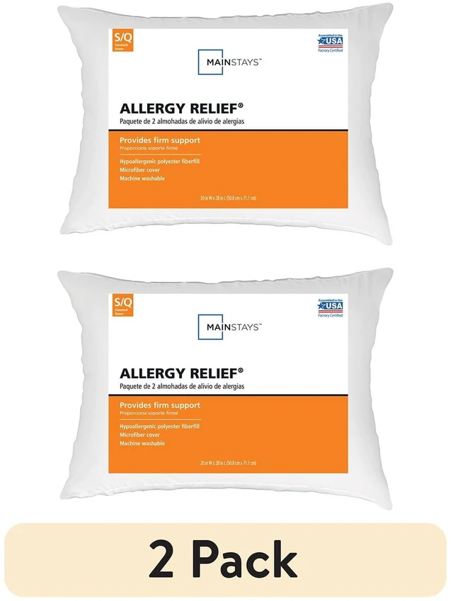 Main image of Mainstays Allergy Relief Bed Pillows, Standard/Queen, Firm Support, Back and Side Sleeper, 2 Count