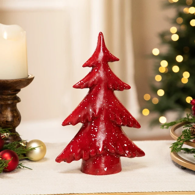 Main image of 10" Red Shiny Christmas Tree with Snowy Accents Tabletop Decoration