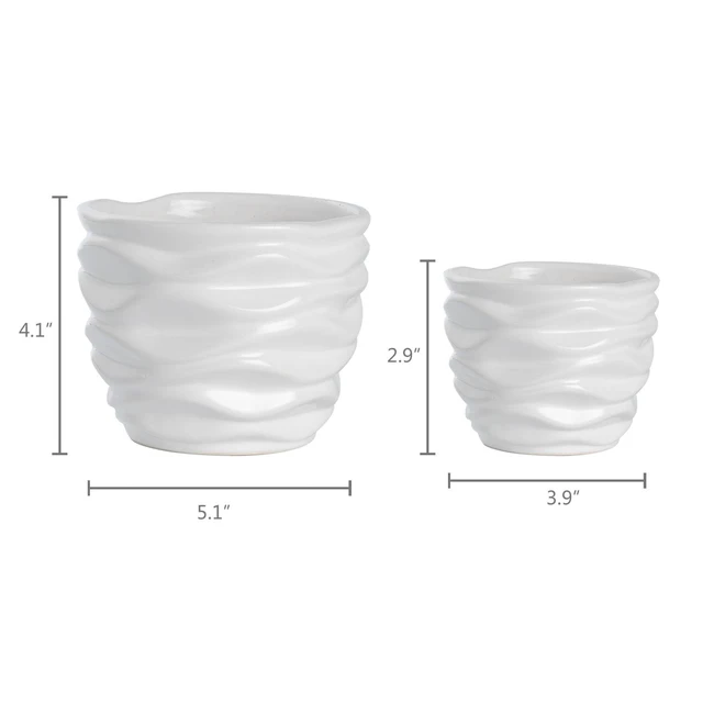 Alt view image 6 of 6 - K-Cliffs White Ceramic Pots Set of 2, Modern Design Waving, Small Pot 3.9in Dia x 2.9in H (Opening 3.3in), Large Pot 5.1in Dia x 4.1in H (Opening 4.4in)
