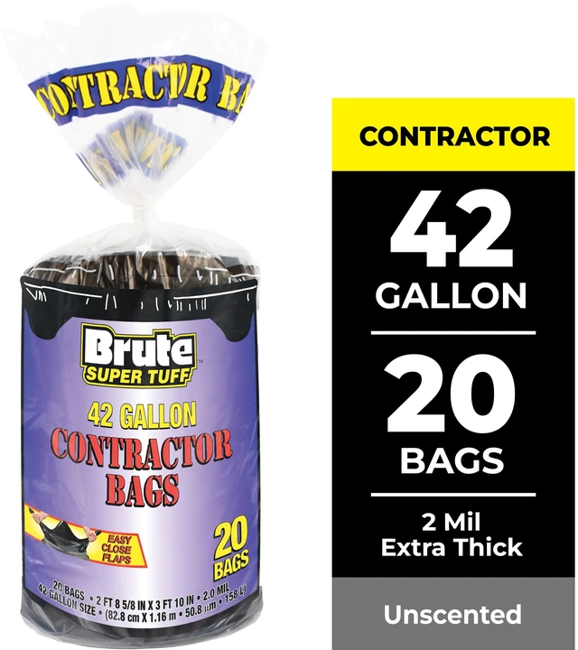 Main image of Brute Super Tuff Contractor Bags 42 Gallon 20 Bags Flap Tie