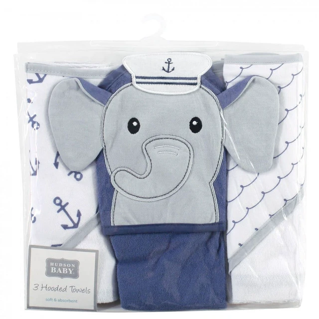 Alt view image 3 of 5 - Hudson Baby Cotton Towels, Sailor Elephant, 3 Count