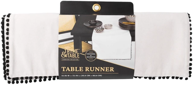 Alt view image 5 of 5 - Thyme & Table Table Runner, 14 x 72", Ivory with Black Pom Pom Trim