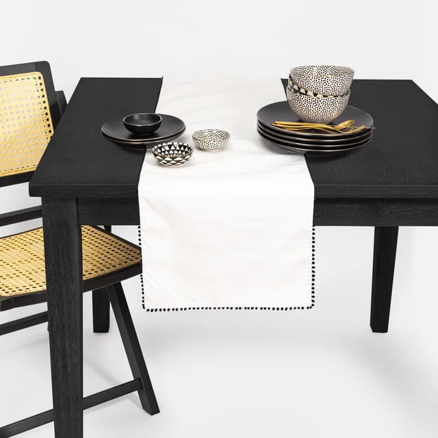 Alt view image 3 of 5 - Thyme & Table Table Runner, 14 x 72", Ivory with Black Pom Pom Trim