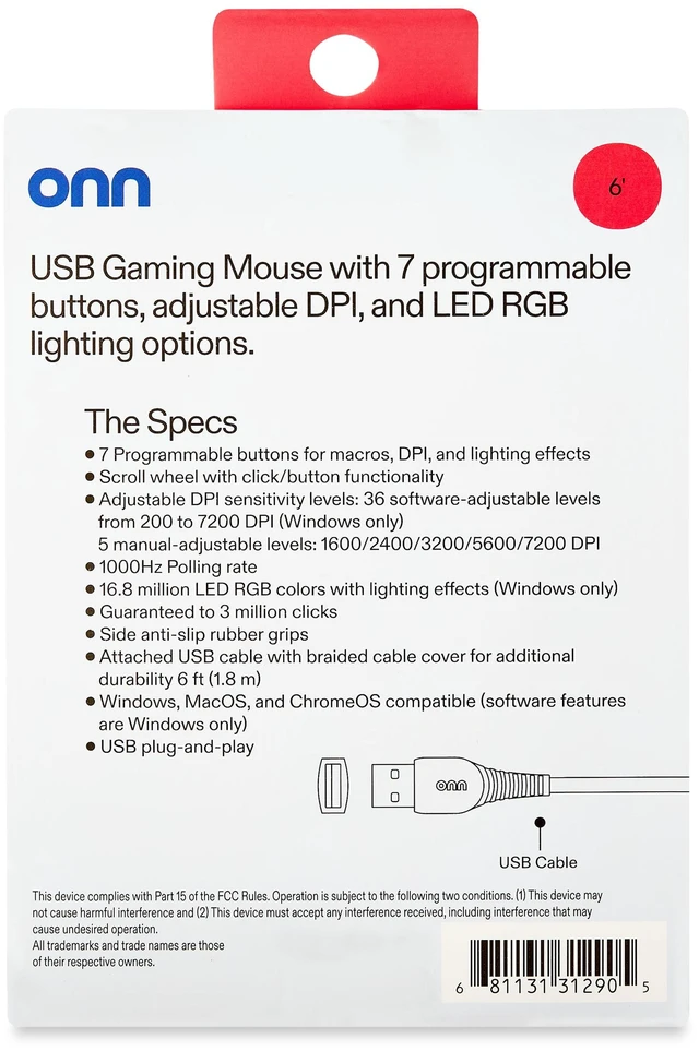 Alt view image 7 of 7 - Onn Wired USB Gaming Mouse with Adjustable DPI, Backlit, 7-Button, Black