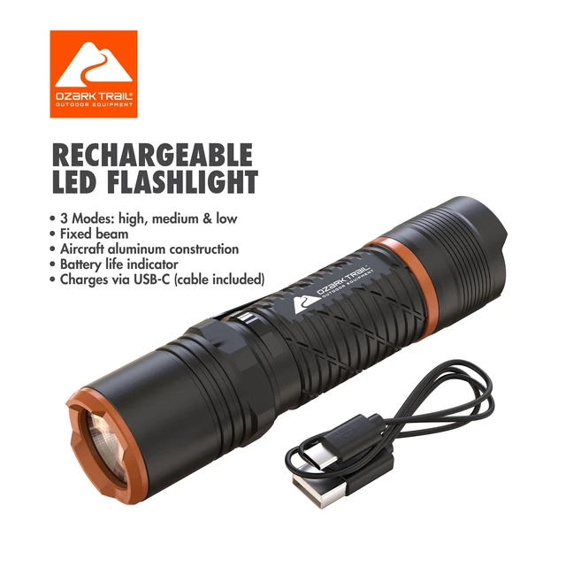 Alt view image 6 of 6 - Ozark Trail 1000 Lumens Rechargeable LED Flashlight, 4 Modes, IPX4 Water Resistant, Black