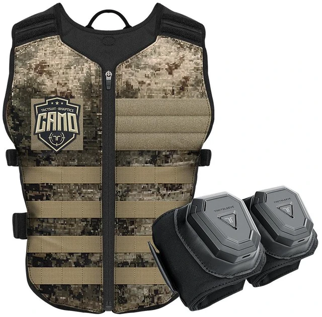 Main image of bHaptics Starter Bundle - TactSuit Air Haptic Vest + TactSleeve Haptic Armbands for PC and VR Gaming, 16 Feedback Points, Bluetooth, Native Game Support - Camo