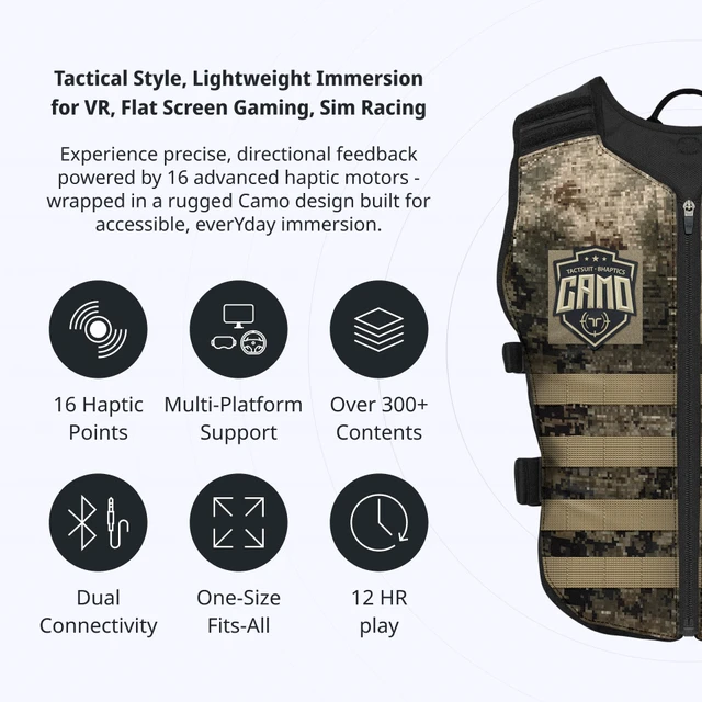 Alt view image 2 of 7 - bHaptics Starter Bundle - TactSuit Air Haptic Vest + TactSleeve Haptic Armbands for PC and VR Gaming, 16 Feedback Points, Bluetooth, Native Game Support - Camo