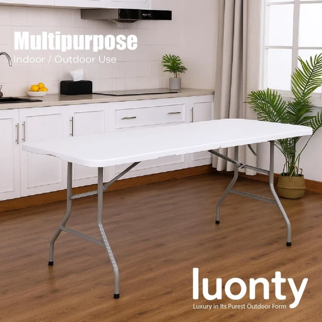 Alt view image 6 of 7 - Folding Table 6ft, Portable Collapsible Plastic White Long Tables for Party, Camping, Banquet, Craft, Dining, Wedding, Outdoor and Indoor Use