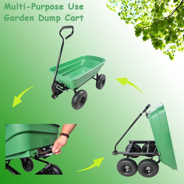 Alt view image 5 of 6 - Garden Cart Yard Wagon Dump Cart on Wheels Outdoor Gardening Cart with Steel Frame Lawn Garden Dump Utility, 300 lb. Capacity, 55L, 10" Pneumatic Tire