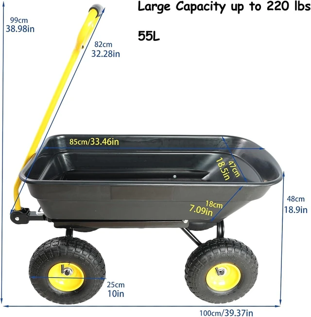 Alt view image 3 of 7 - Garden Dump Cart, 55L 220 LBS Heavy Duty 4 Wheel Yard Wagon with Quick Release Tipping Tub & 180° Adjustable Handle