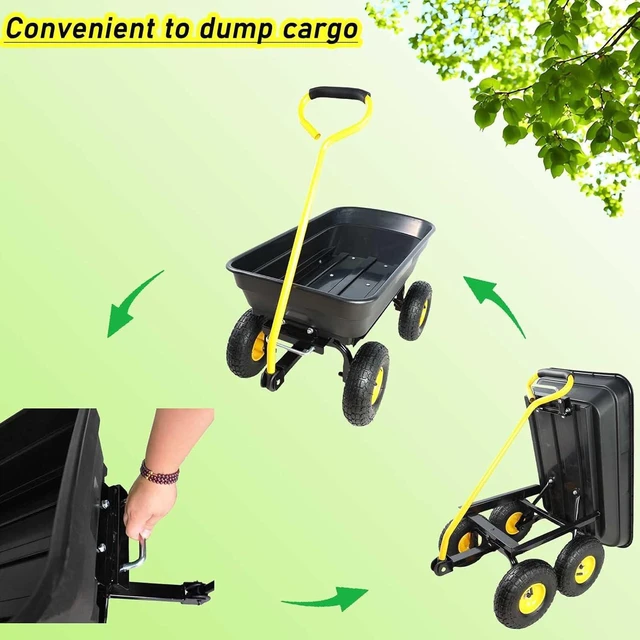 Alt view image 4 of 7 - Garden Dump Cart, 55L 220 LBS Heavy Duty 4 Wheel Yard Wagon with Quick Release Tipping Tub & 180° Adjustable Handle