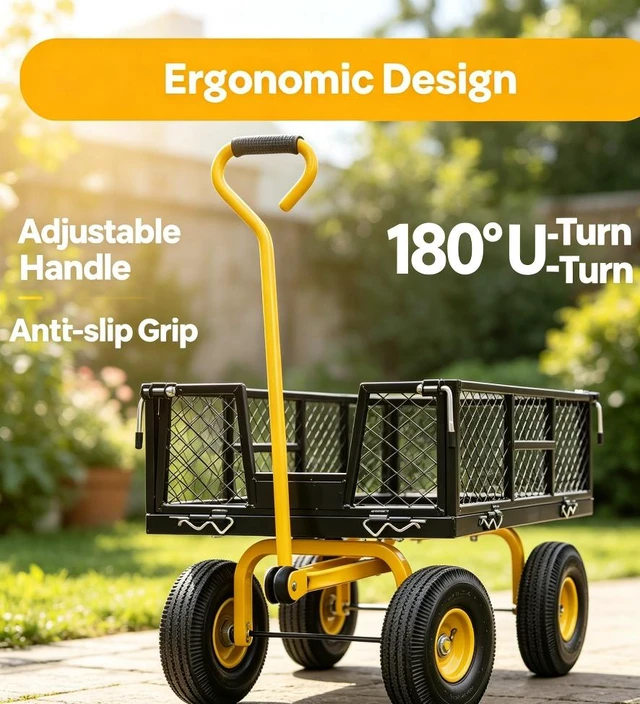 Alt view image 2 of 6 - Heavy Duty Mesh Steel Garden Cart, 880 LBS Capacity 4 Wheel Wagon with 180° Adjustable Handle, Removable Side Panels & 10" Pneumatic Tires for Yard Farm