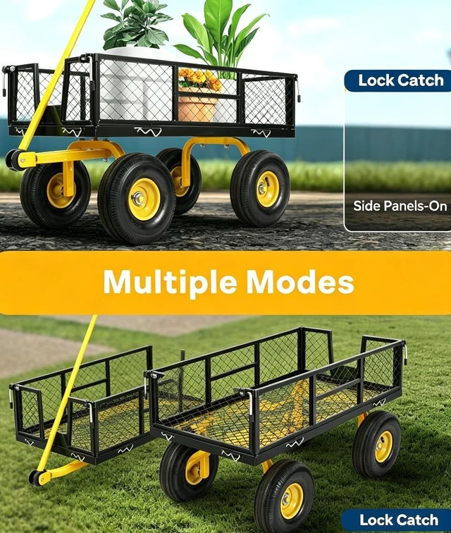 Alt view image 6 of 6 - Heavy Duty Mesh Steel Garden Cart, 880 LBS Capacity 4 Wheel Wagon with 180° Adjustable Handle, Removable Side Panels & 10" Pneumatic Tires for Yard Farm