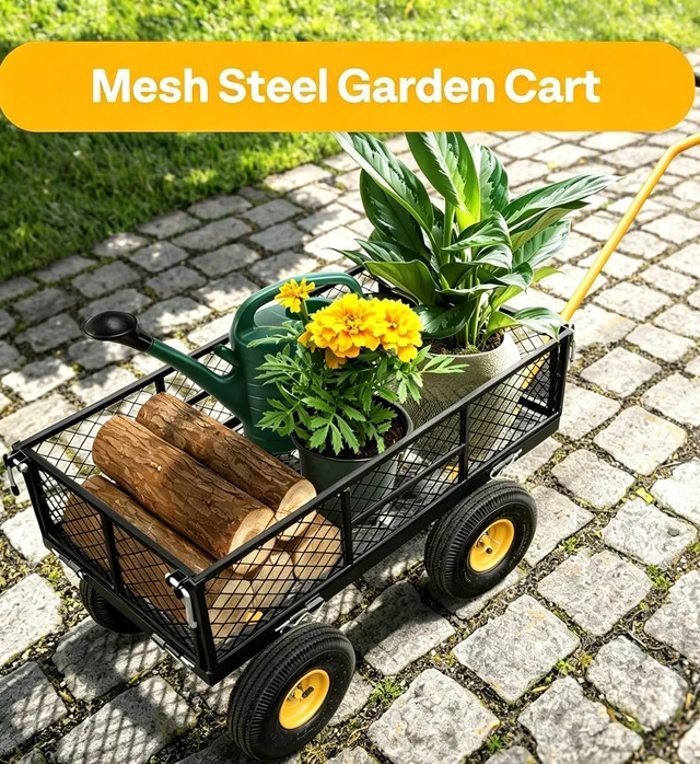 Alt view image 4 of 6 - Heavy Duty Mesh Steel Garden Cart, 880 LBS Capacity 4 Wheel Wagon with 180° Adjustable Handle, Removable Side Panels & 10" Pneumatic Tires for Yard Farm