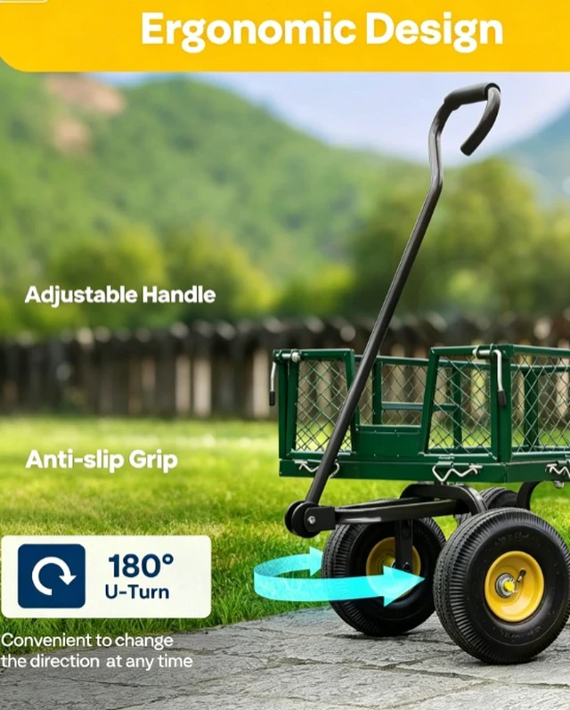 Alt view image 2 of 6 - Green Mesh Steel Garden Cart, Heavy Duty 880 LBS 4 Wheel Wagon, 180° Adjustable Handle, Removable Side Panels, 10" Pneumatic All-Terrain Tires for Yard Farm