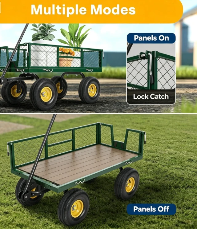 Alt view image 4 of 6 - Green Mesh Steel Garden Cart, Heavy Duty 880 LBS 4 Wheel Wagon, 180° Adjustable Handle, Removable Side Panels, 10" Pneumatic All-Terrain Tires for Yard Farm