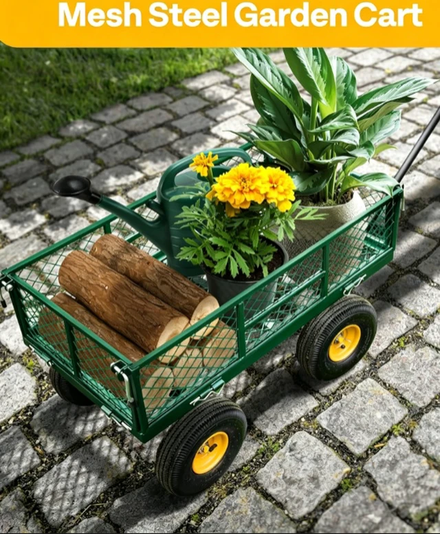 Alt view image 6 of 6 - Green Mesh Steel Garden Cart, Heavy Duty 880 LBS 4 Wheel Wagon, 180° Adjustable Handle, Removable Side Panels, 10" Pneumatic All-Terrain Tires for Yard Farm