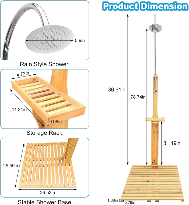 Alt view image 3 of 5 - Portable Outdoor Shower Kit, Wood Outside Shower with Chassis Board for Backyard, Poolside, Patio and Garden