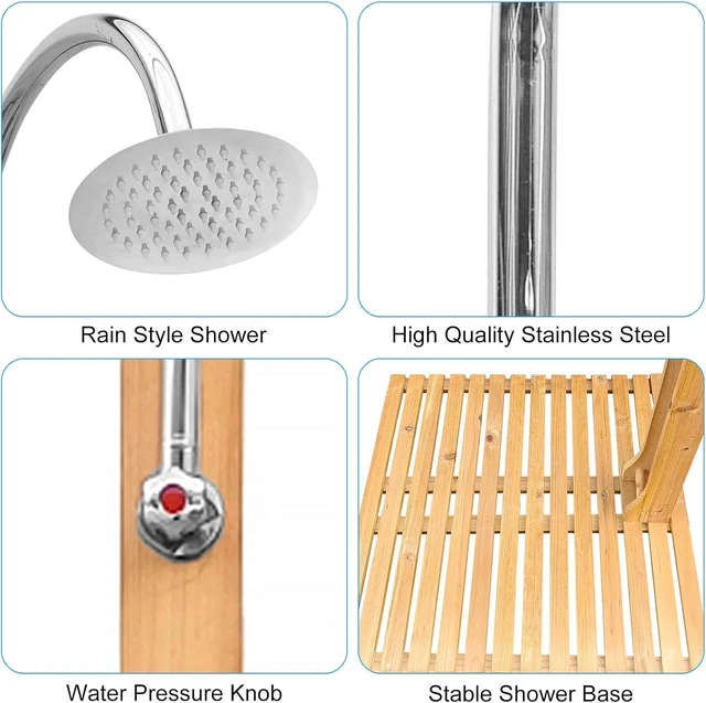 Alt view image 2 of 5 - Portable Outdoor Shower Kit, Wood Outside Shower with Chassis Board for Backyard, Poolside, Patio and Garden