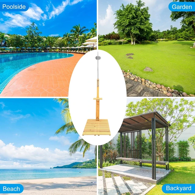 Alt view image 5 of 5 - Portable Outdoor Shower Kit, Wood Outside Shower with Chassis Board for Backyard, Poolside, Patio and Garden