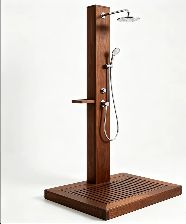 Alt view image 2 of 7 - Rain-Style Freestanding Outdoor Shower Kit, Oiled Eucalyptus Wood for Backyard, Poolside, Patio & Garden