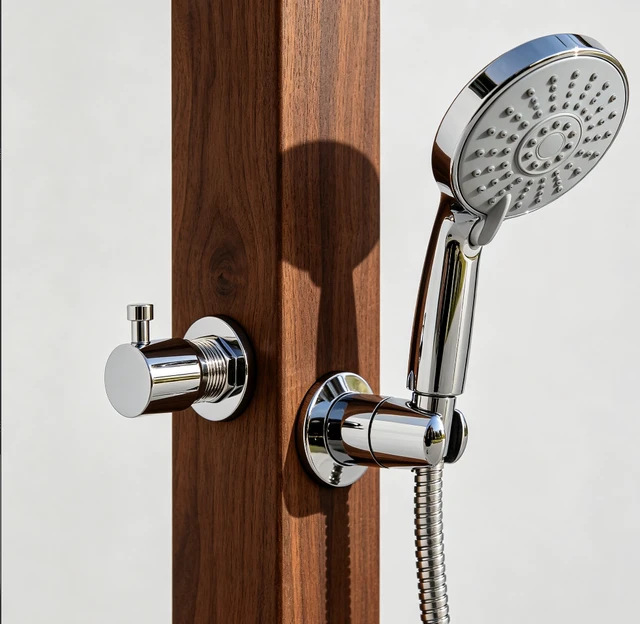 Alt view image 7 of 7 - Rain-Style Freestanding Outdoor Shower Kit, Oiled Eucalyptus Wood for Backyard, Poolside, Patio & Garden