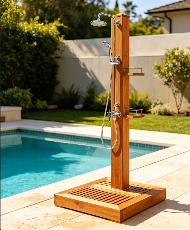Alt view image 5 of 7 - Rain-Style Freestanding Outdoor Shower Kit, Oiled Eucalyptus Wood for Backyard, Poolside, Patio & Garden