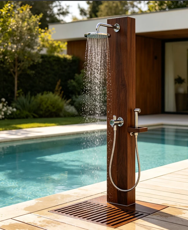 Alt view image 4 of 7 - Rain-Style Freestanding Outdoor Shower Kit, Oiled Eucalyptus Wood for Backyard, Poolside, Patio & Garden