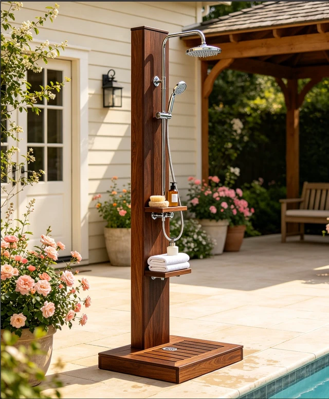 Alt view image 6 of 7 - Rain-Style Freestanding Outdoor Shower Kit, Oiled Eucalyptus Wood for Backyard, Poolside, Patio & Garden