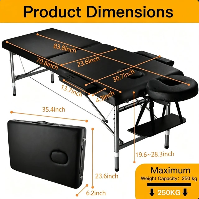 Alt view image 2 of 5 - Massage Tables Portable 24" Wide Adjustable Folding Massage Bed, Lightweight Aluminum Esthetician Bed, Tattoo Chair for Client,Tattoo Table for Spa and Beauty Professionals (Black)