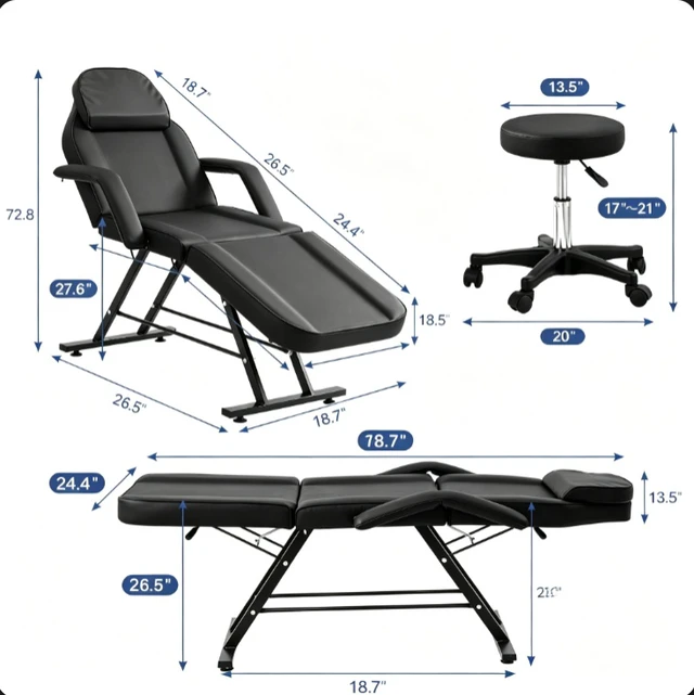 Alt view image 5 of 7 - 3-Section Adjustable Massage Chair with Rolling Stool, Reclining Spa Tattoo Facial Bed for Beauty Lash Microblading Salon