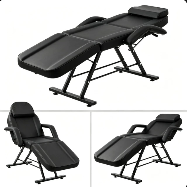 Alt view image 3 of 7 - 3-Section Adjustable Massage Chair with Rolling Stool, Reclining Spa Tattoo Facial Bed for Beauty Lash Microblading Salon